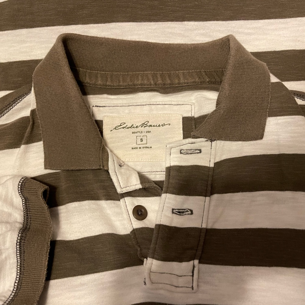 EDDIE BAUER CLASSIC COTTON SLUB OLIVE GREEN WHITE BLOCK STRIPED POLO MEN SMALL